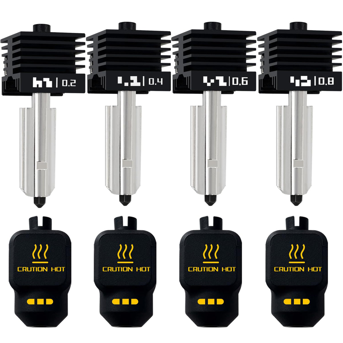 4 Pack P2S 0.2MM 0.4MM 0.6MM 0.8MM Hotend for Bambu P2S/H2S/H2D/H2C/A1/A1 Mini Combo Print Head Hot End Kit Extruder Removable Hardened Steel Nozzle Silicone Cover for Bambu Lab 3D Printer
