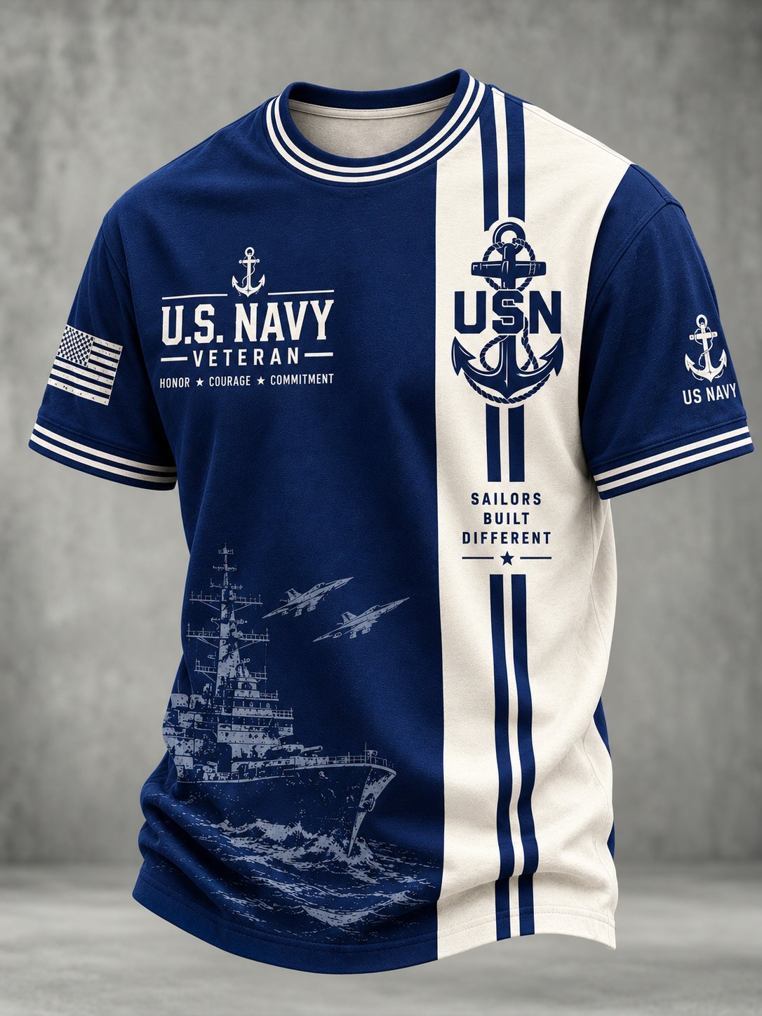 Men's Casual Navy Veteran Art Printed Short Sleeves T-Shirt