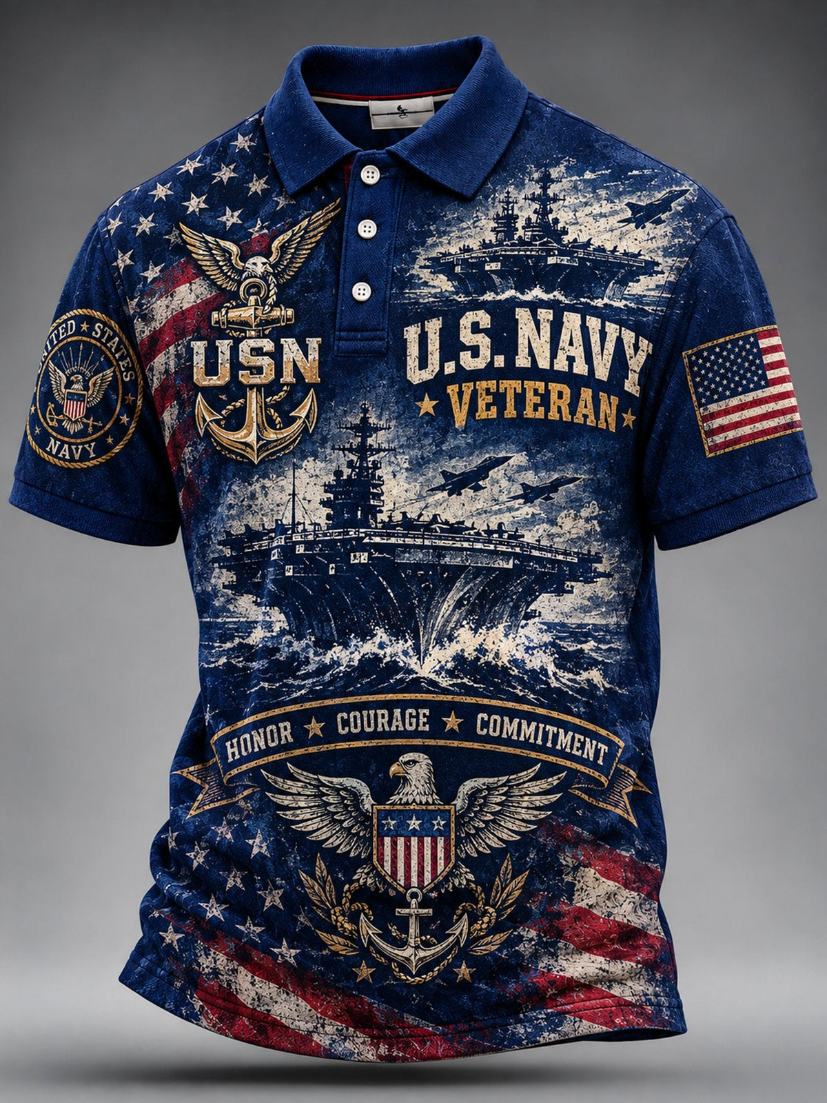 Men's Vintage Veteran Art Print Polo Shirt