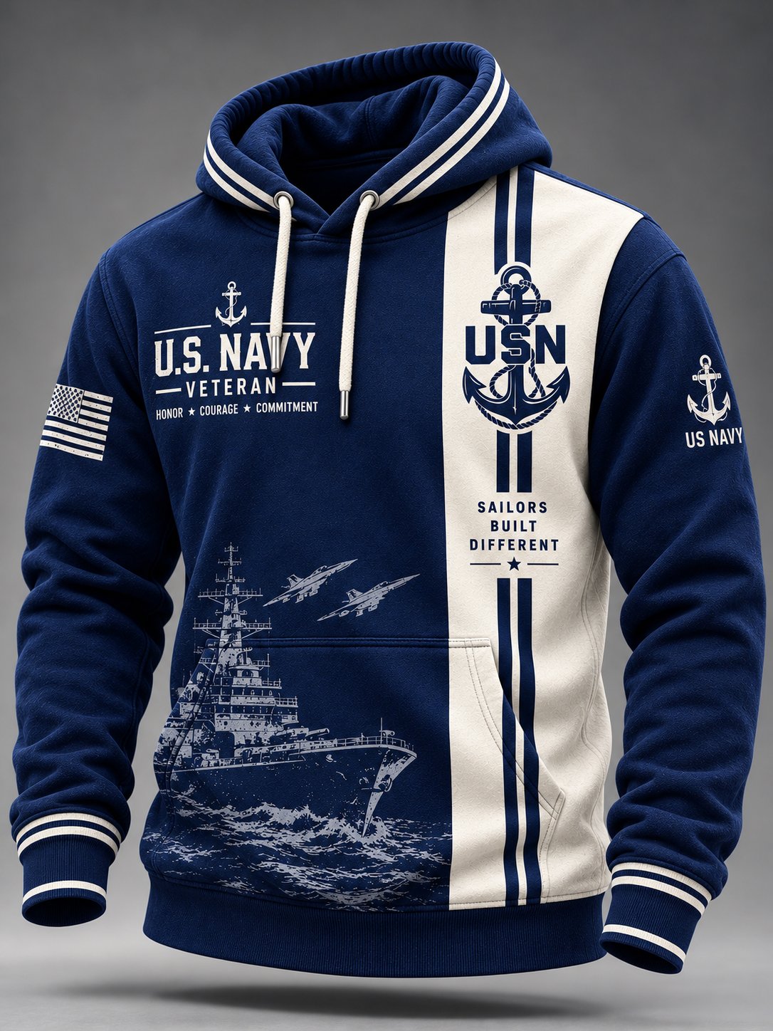 Men's Casual Navy Veteran Art Printed Long-Sleeve Hoodie