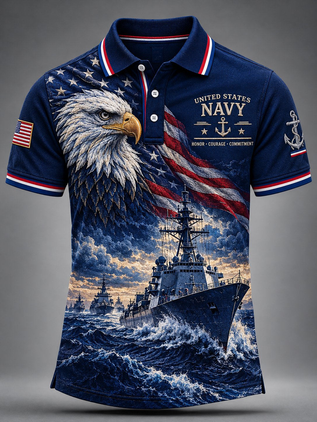 Men's Retro US Navy Art Print Polo Shirt