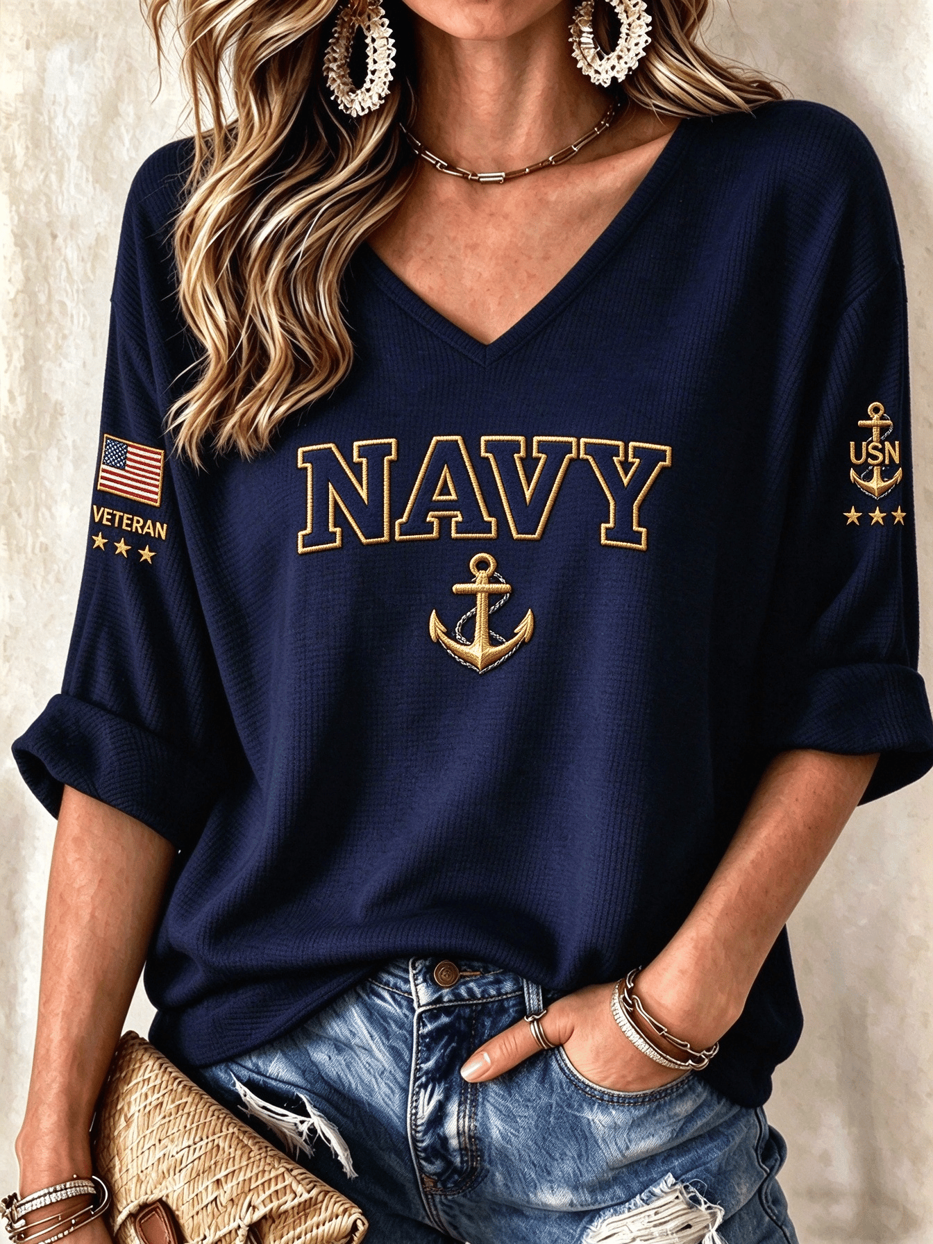 Women's American Veterans Leisure Print Waffle Top