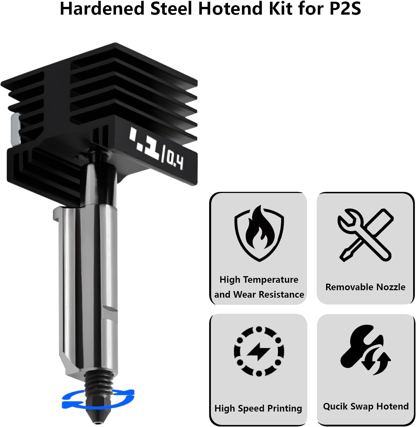 Upgrade 0.4mm P2S/H2S Hotend Kit, 3D Printer Print Head Hot End Heating Block Kit with 0.4mm Removable Hardened Steel Nozzle for Bambu Lab H2D, H2C, A1/A1 Mini