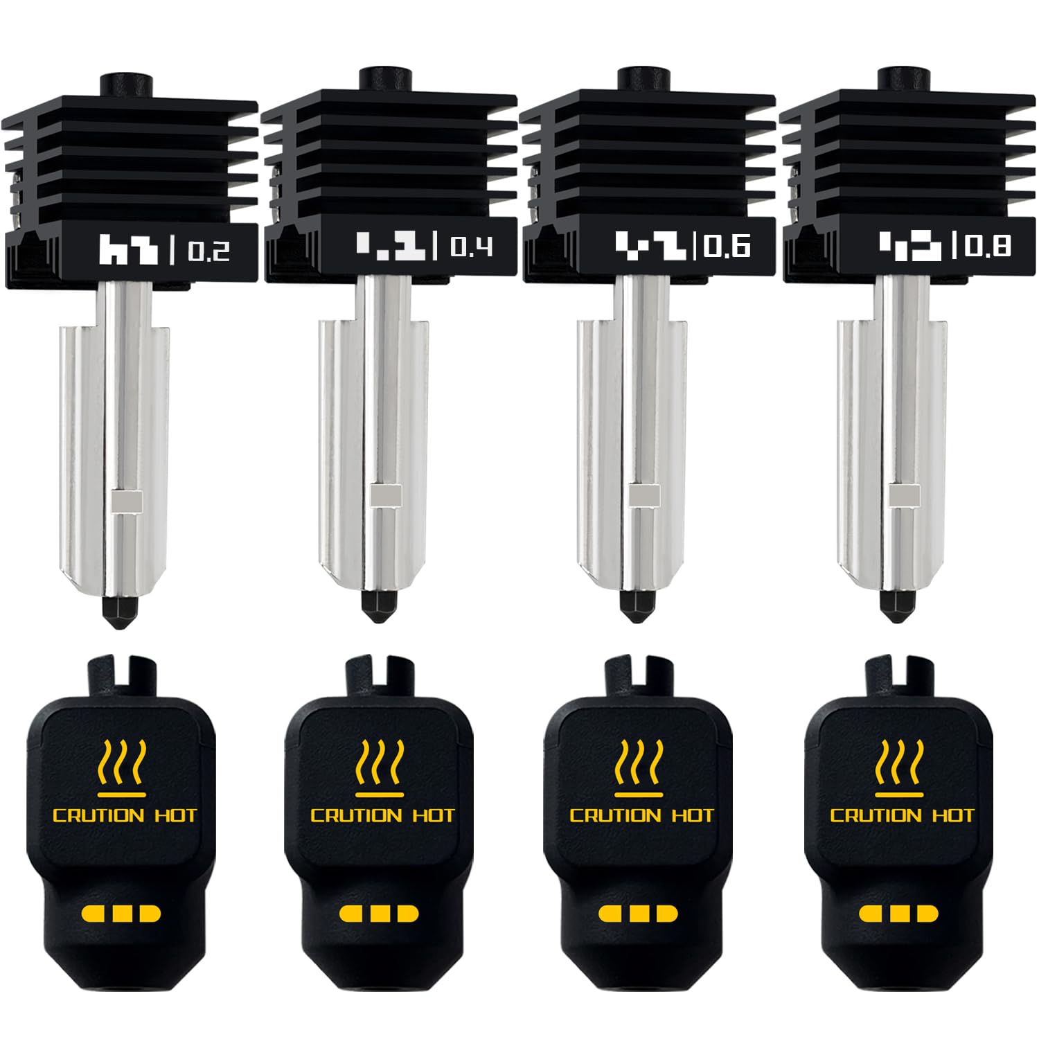 4 Pack P2S 0.2MM 0.4MM 0.6MM 0.8MM Hotend for Bambu P2S/H2S/H2D/H2C/A1/A1 Mini Combo Print Head Hot End Kit Extruder Removable Hardened Steel Nozzle Silicone Cover for Bambu Lab 3D Printer