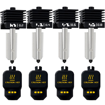 4 Pack P2S 0.2MM 0.4MM 0.6MM 0.8MM Hotend for Bambu P2S/H2S/H2D/H2C/A1/A1 Mini Combo Print Head Hot End Kit Extruder Removable Hardened Steel Nozzle Silicone Cover for Bambu Lab 3D Printer