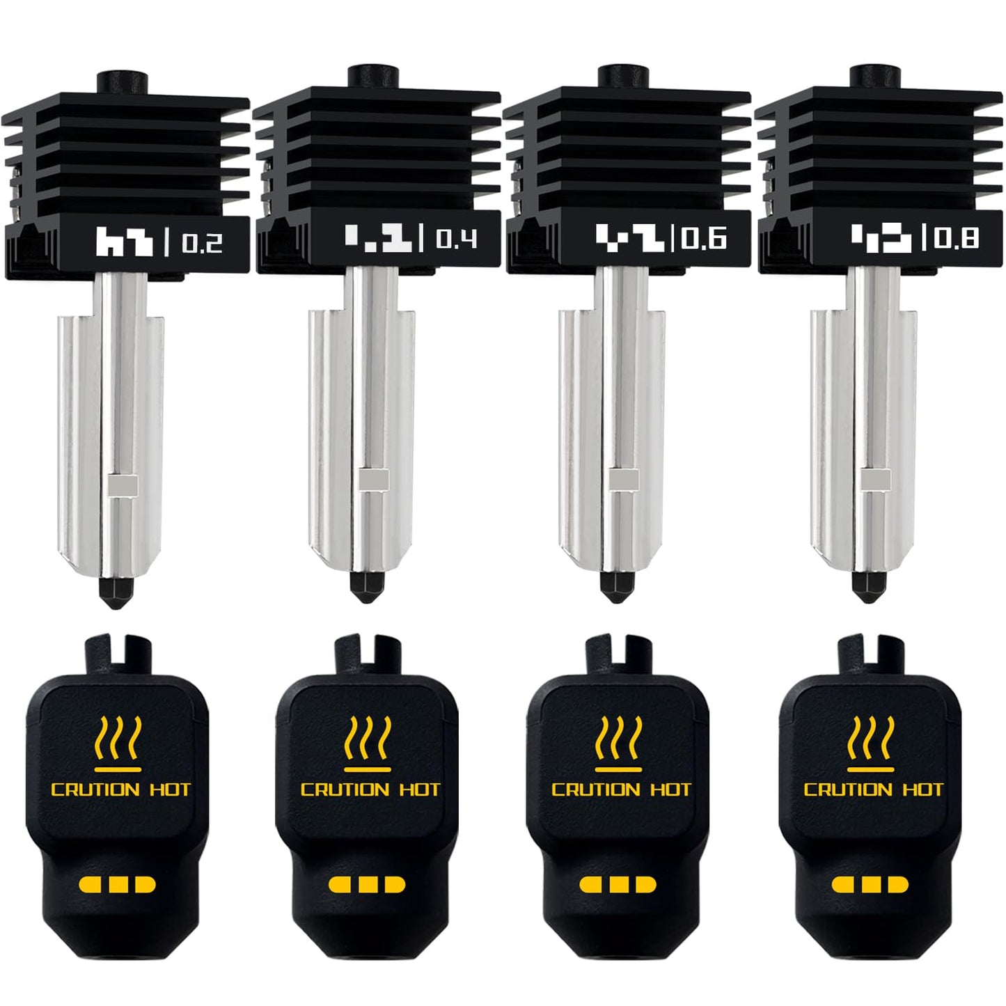4 Pack P2S 0.2MM 0.4MM 0.6MM 0.8MM Hotend for Bambu P2S/H2S/H2D/H2C/A1/A1 Mini Combo Print Head Hot End Kit Extruder Removable Hardened Steel Nozzle Silicone Cover for Bambu Lab 3D Printer