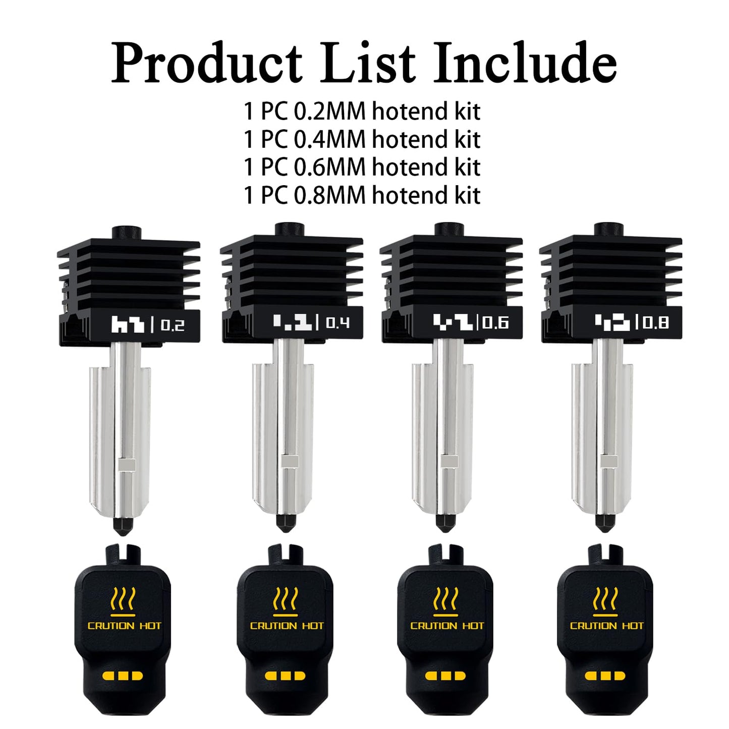 4 Pack P2S 0.2MM 0.4MM 0.6MM 0.8MM Hotend for Bambu P2S/H2S/H2D/H2C/A1/A1 Mini Combo Print Head Hot End Kit Extruder Removable Hardened Steel Nozzle Silicone Cover for Bambu Lab 3D Printer