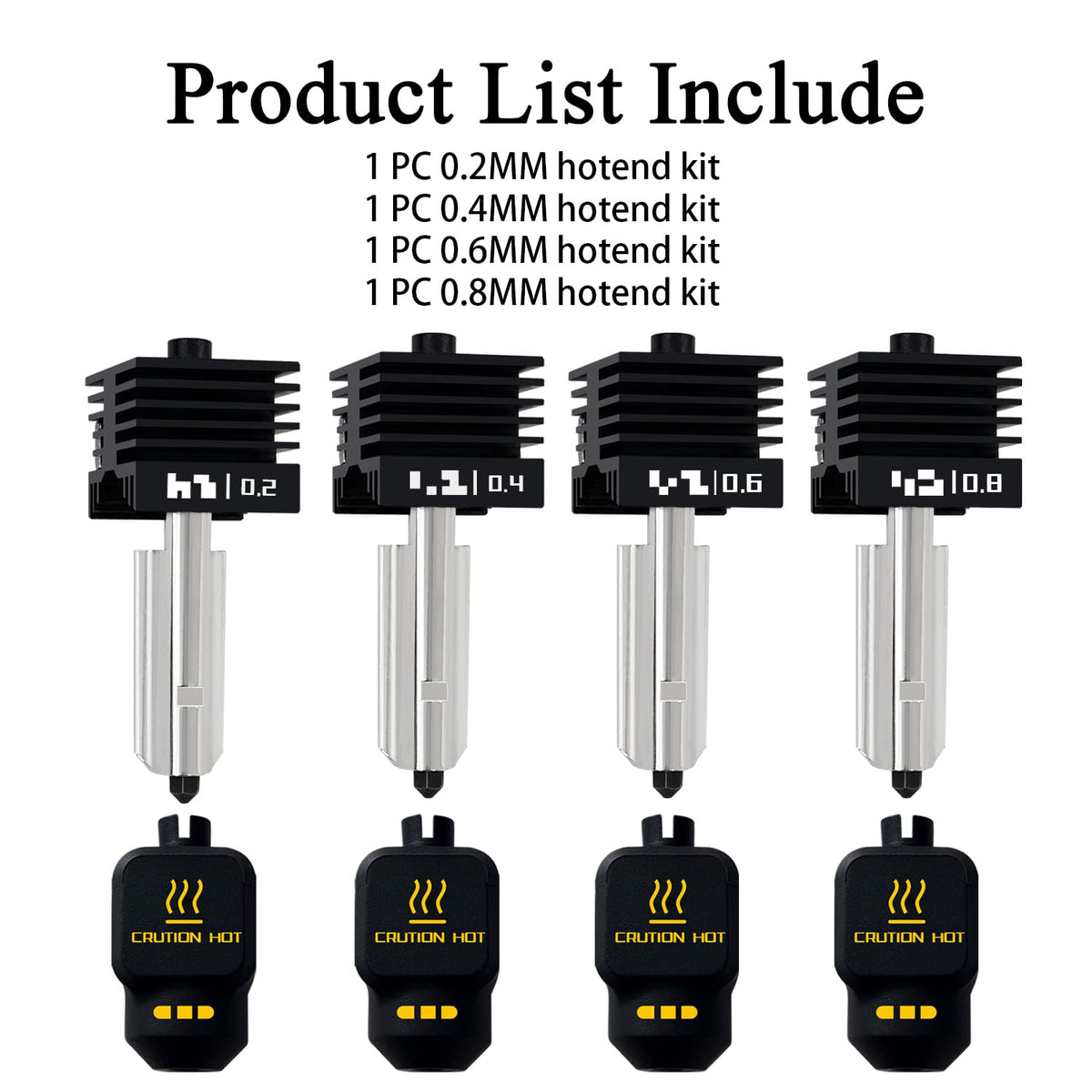 4 Pack P2S 0.2MM 0.4MM 0.6MM 0.8MM Hotend for Bambu P2S/H2S/H2D/H2C/A1/A1 Mini Combo Print Head Hot End Kit Extruder Removable Hardened Steel Nozzle Silicone Cover for Bambu Lab 3D Printer
