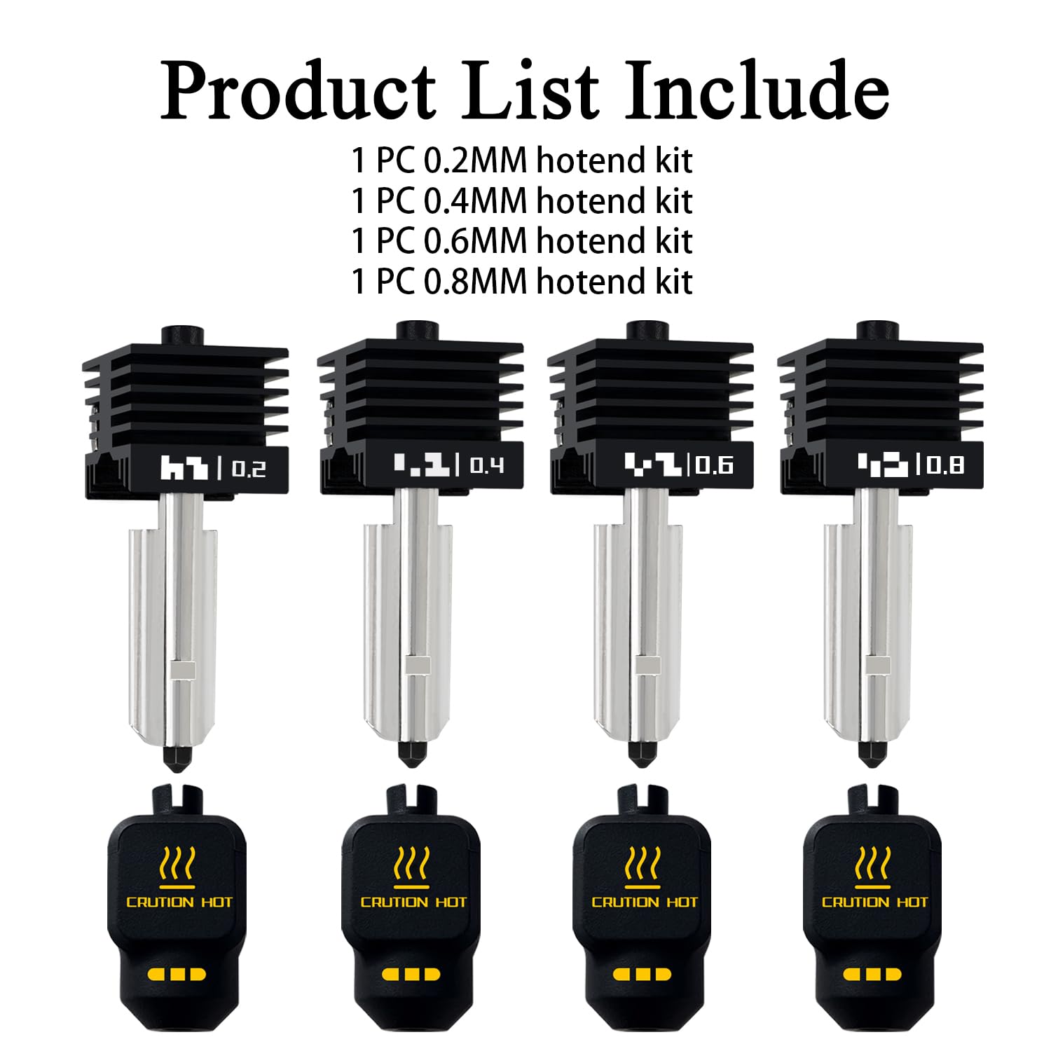 4 Pack P2S 0.2MM 0.4MM 0.6MM 0.8MM Hotend for Bambu P2S/H2S/H2D/H2C/A1/A1 Mini Combo Print Head Hot End Kit Extruder Removable Hardened Steel Nozzle Silicone Cover for Bambu Lab 3D Printer