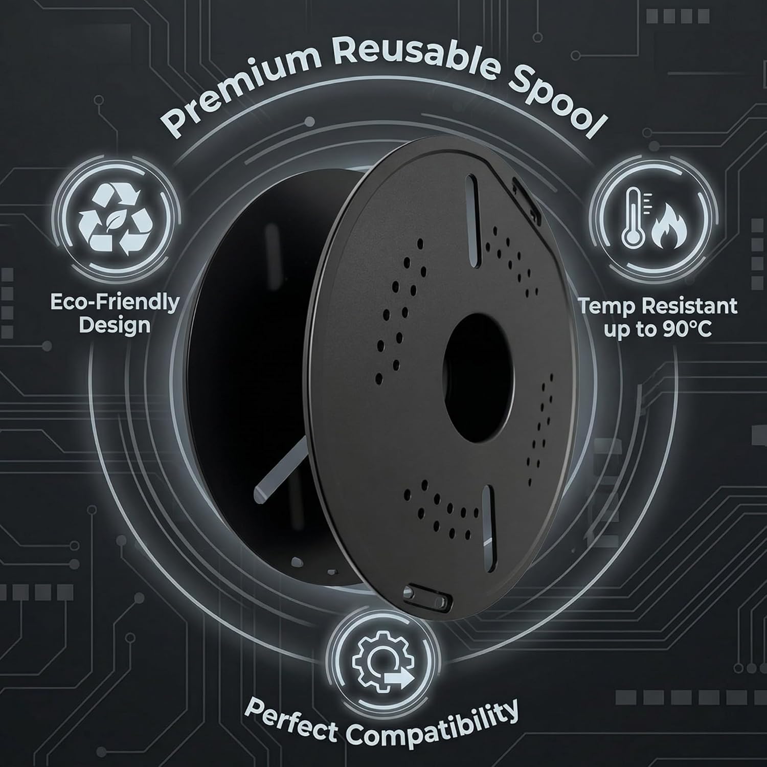 Reusable 3D Printer Filament Spool, Black, Heat Resistant Up to 90°C, Compatible with Bambu Lab A1/A1 Mini/X1/X1C/X1E/X2C/P1P/P1S/P2S/H2 Series