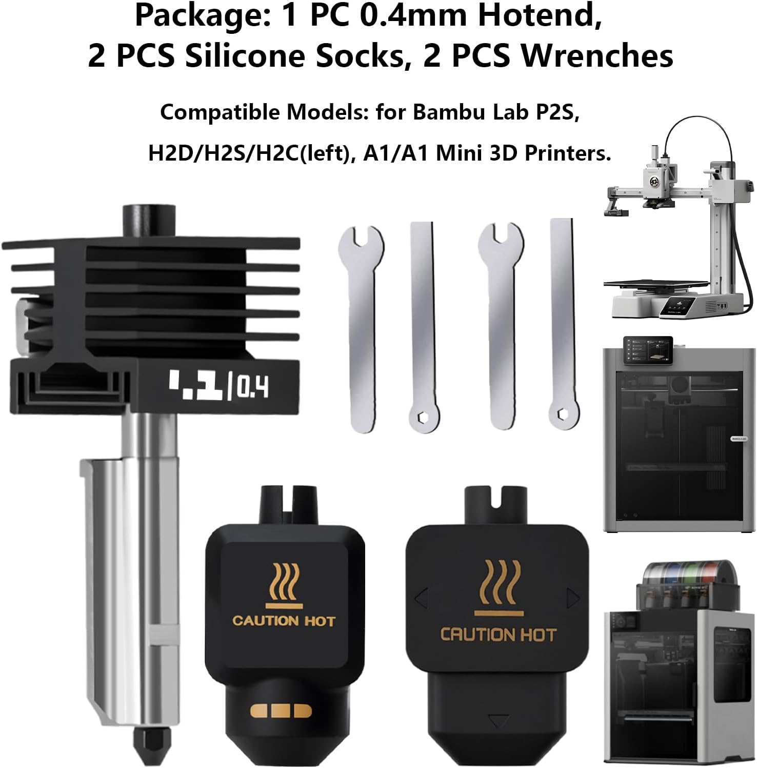 Upgrade 0.4mm P2S/H2S Hotend Kit, 3D Printer Print Head Hot End Heating Block Kit with 0.4mm Removable Hardened Steel Nozzle for Bambu Lab H2D, H2C, A1/A1 Mini