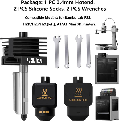 Upgrade 0.4mm P2S/H2S Hotend Kit, 3D Printer Print Head Hot End Heating Block Kit with 0.4mm Removable Hardened Steel Nozzle for Bambu Lab H2D, H2C, A1/A1 Mini