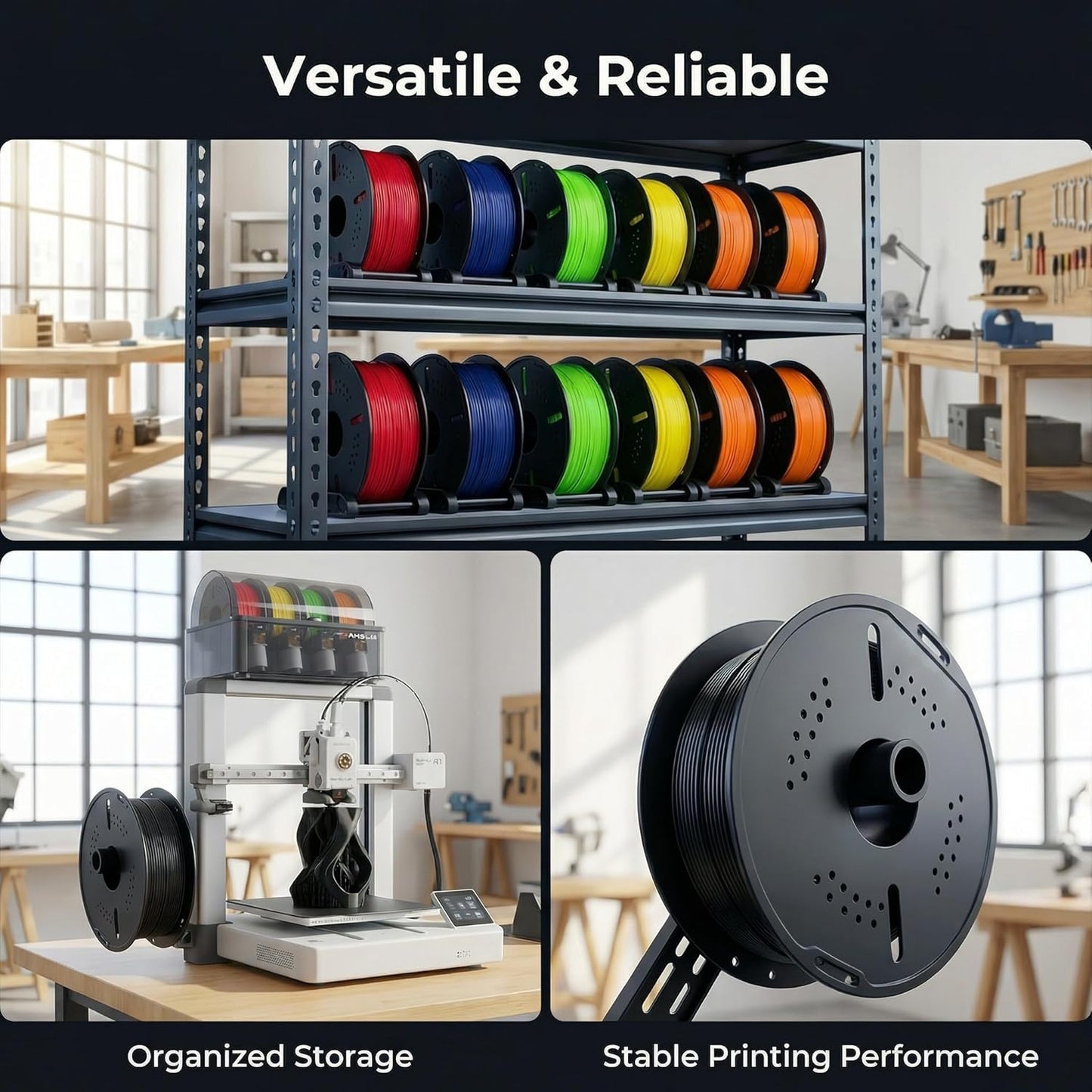 Reusable 3D Printer Filament Spool, Black, Heat Resistant Up to 90°C, Compatible with Bambu Lab A1/A1 Mini/X1/X1C/X1E/X2C/P1P/P1S/P2S/H2 Series