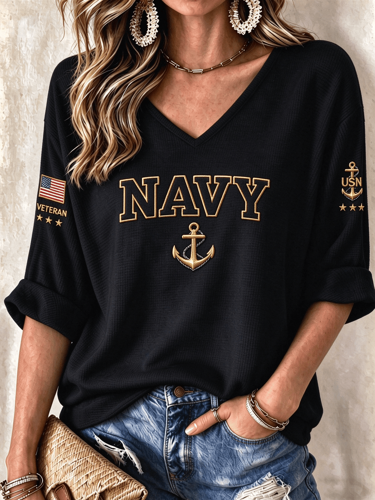 Women's American Veterans Leisure Print Waffle Top