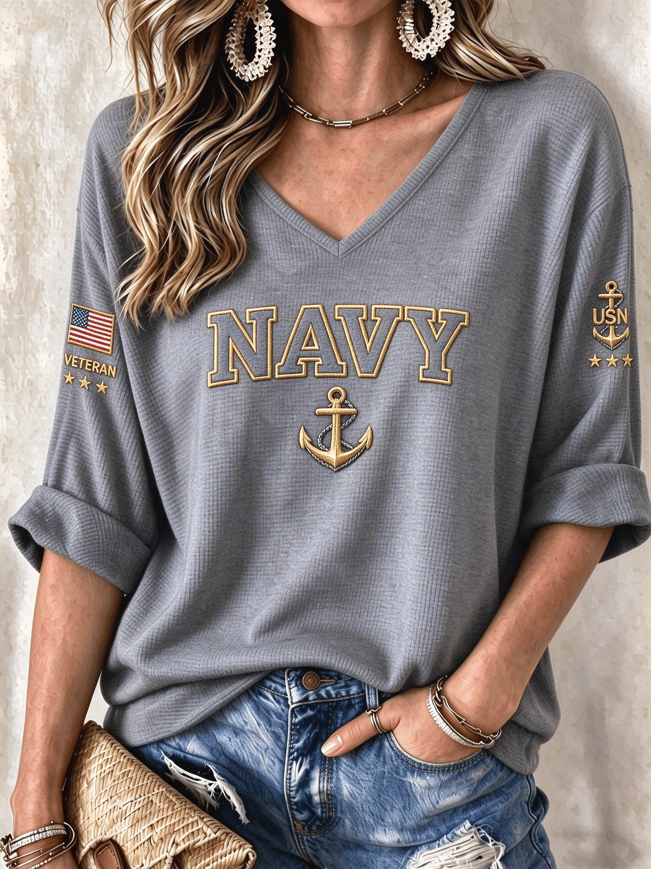 Women's American Veterans Leisure Print Waffle Top