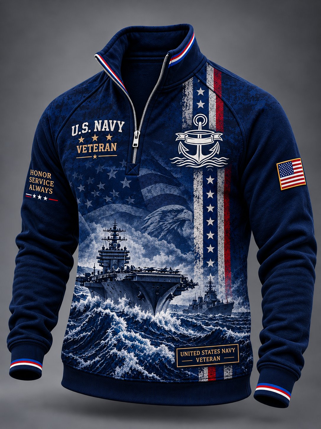 Men's Retro Navy Veteran Art Printed Zipper Long-Sleeve Hoodie